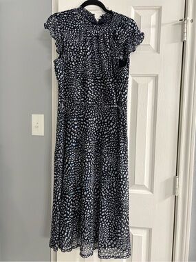 Nina Leonard Navy and White Printed Ruffle-Neck Midi Dress